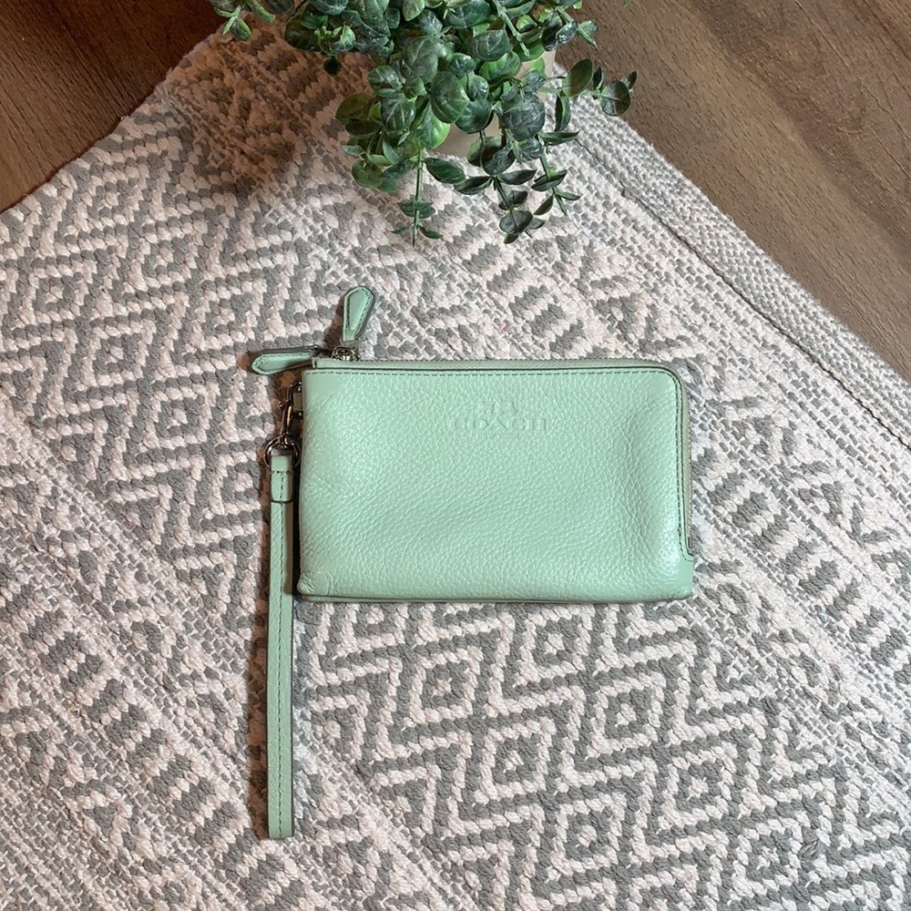 Mint Coach double zipper wristlet